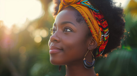 Portrait of beautiful African woman wearing headscarf and sunglasses. Black history Month concept.の素材
