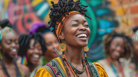 African women in traditional clothing on the street. Black History Month concept.の素材