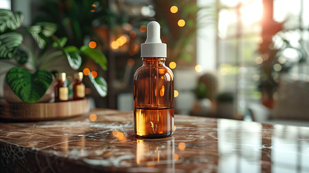 Glass bottle of cosmetic oille table in room, closeupの素材
