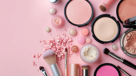 Makeup cosmetics on pink background, flat lay. Copy space for textの素材