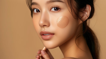 Beautiful young asian woman with foundation on face. Skin care concept.の素材