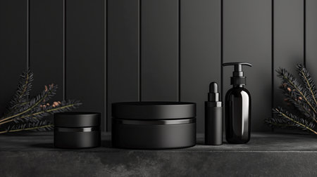 Black cosmetic containers on black background. Mock up, 3D Renderingの素材