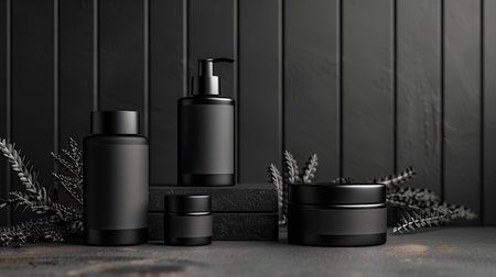 Mockup of black cosmetic bottles on black background. 3d renderingの素材