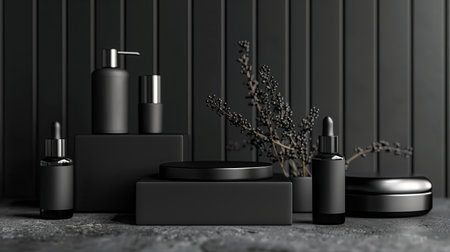 Black cosmetic product display podium on concrete background. 3d rendering.の素材