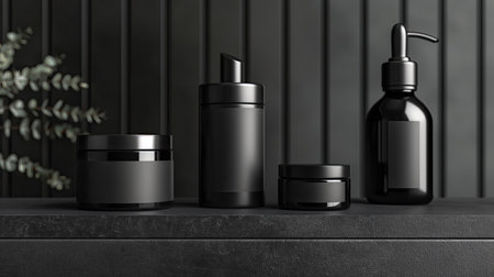 Mockup of black cosmetic bottles on dark background. 3d renderingの素材