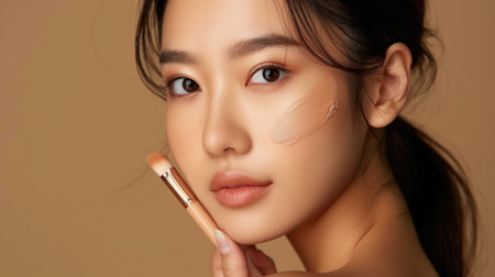 Beautiful young asian woman applying cosmetic cream on face, skin care conceptの素材