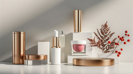 Cosmetic product display podium, 3d illustration. Mockup.の素材