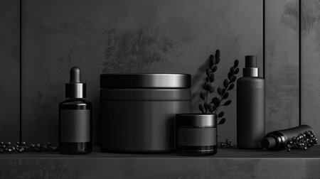 Mockup of black cosmetic products on shelf. 3d renderingの素材