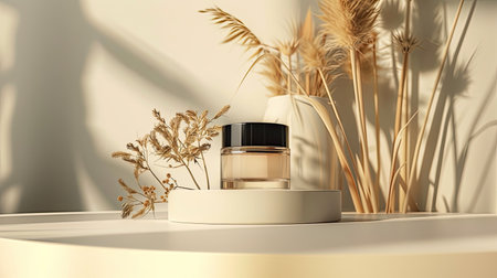 3d render of cosmetic cream bottle on white podium with dry grass.の素材