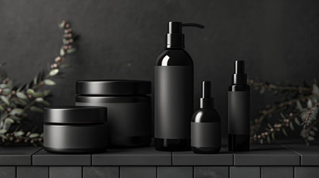 Cosmetic bottle mockup on black tile wall background. 3d renderingの素材