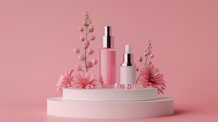 3d render of cosmetic product display podium with pink flowers. Beauty and fashion concept.の素材