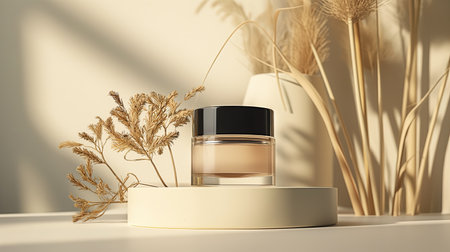 Cosmetic cream bottle mockup on beige podium. 3d renderingの素材