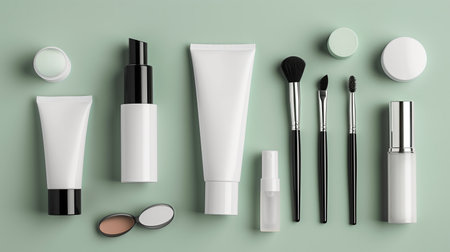 Set of cosmetic products on green background. Top view, flat layの素材