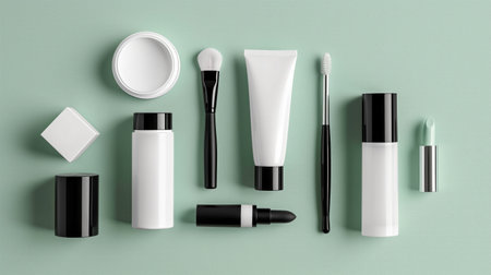 Set of cosmetic products on green background. Top view, flat layの素材