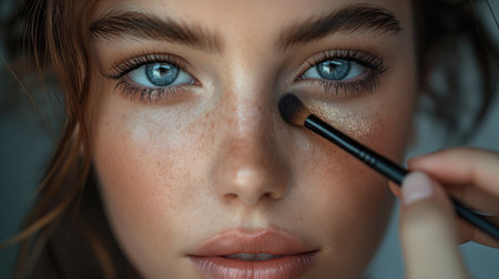 Close-up portrait of a beautiful young woman with makeup brush.の素材