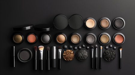 collection of make up and cosmetic beauty products arranged on black background, each one is shot separatelyの素材