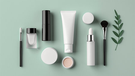 Set of cosmetic products and eucalyptus leaves on color backgroundの素材