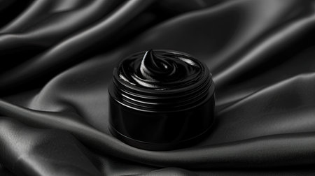 Black cosmetic jar with moisturizing cream on black satin background.の素材