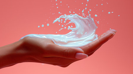 Female hand with white cream splashes on pink background, closeupの素材