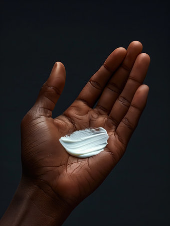 Hand with moisturizing cream on a dark background. Skin care conceptの素材