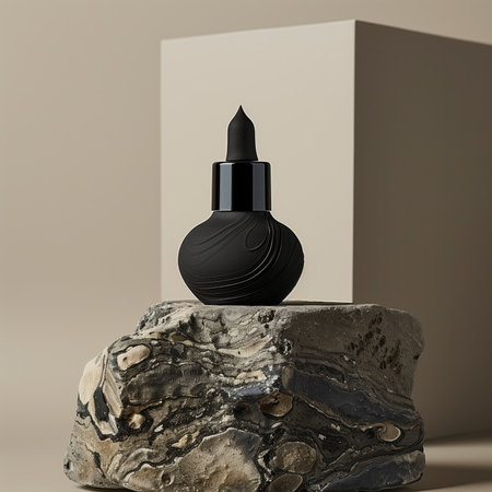 Black cosmetic bottle on a natural stone podium. 3d render, mockupの素材