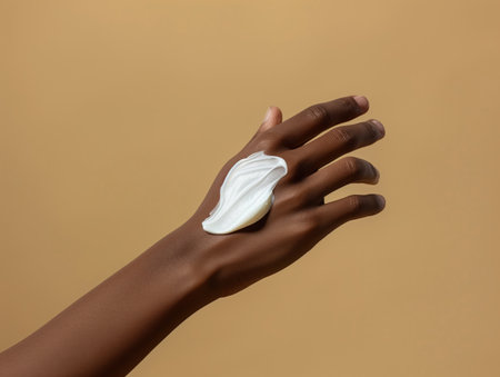 cropped view of african american woman applying cosmetic cream on hand isolated on beigeの素材