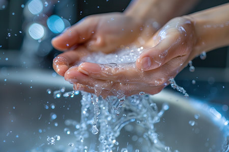 Woman washing her hands with soap under running water in the kitchen.の素材