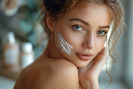 Beautiful young woman with cosmetic cream on her face, closeupの素材