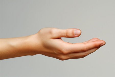 Female hand on gray background. Close up of female hand gesturingの素材
