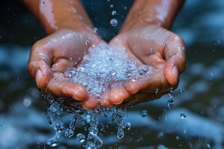 Water splashing from female hands, closeup of hands holding waterの素材