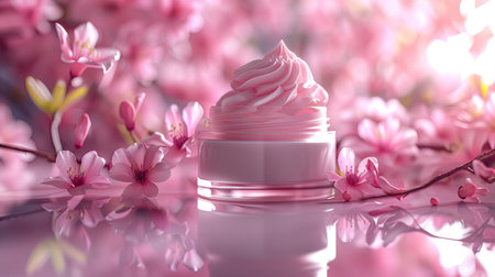 Face cream moisturizer and pink sakura blossoms on a glass table, mockupの素材
