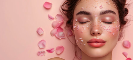Beautiful young woman with rose petals on pink background. Spa concept.の素材