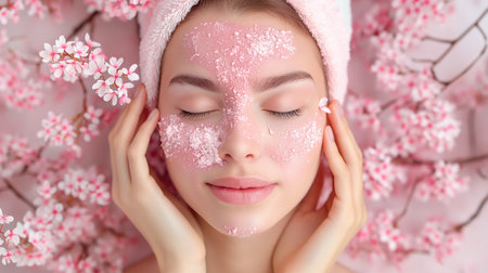 Beautiful young woman with pink facial mask on her face and pink flowersの素材
