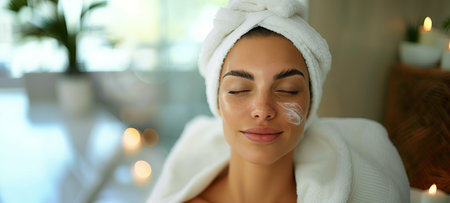 Beautiful young woman with facial mask on her face in spa salonの素材
