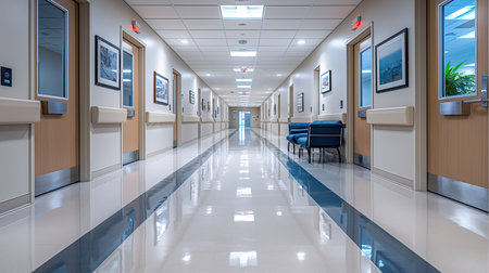 Interior of a modern hospital corridor with blue chairs and posters.の素材