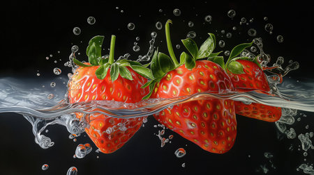 Strawberries in water with splash on black background. 3d illustrationの素材
