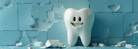 Tooth with broken teeth on blue wall background. 3d illustration, copy spaceの素材