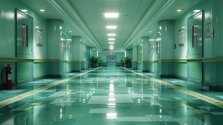 Interior of a hospital corridor with green walls and blue floor.の素材