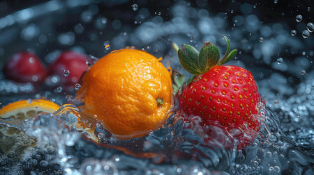 Orange and strawberry splashing in water with bubbles, close-up.の素材