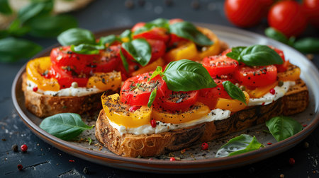 Italian bruschetta with roasted tomatoes, mozzarella cheese and basil on a dark backgroundの素材