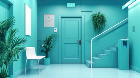 Modern hospital interior with blue walls, stairs and green plants. 3d renderingの素材