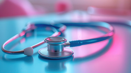Stethoscope on a blue background. Medical concept. 3D rendering.の素材