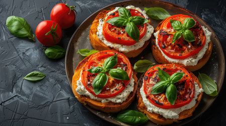 Italian bruschetta with roasted tomatoes, mozzarella cheese and basil on a dark backgroundの素材