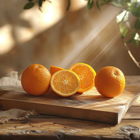 Fresh oranges on a wooden board. Still life with fresh fruits.の素材