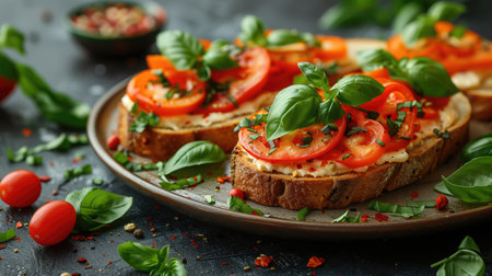Italian bruschetta with roasted tomatoes, mozzarella cheese and basil on a dark backgroundの素材
