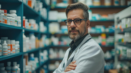 Portrait of mature male pharmacist standing with arms crossed in drugstoreの素材