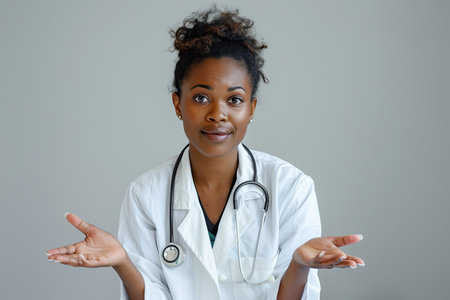 confused woman doctor with stethoscope on her neck sitting with hands outの素材