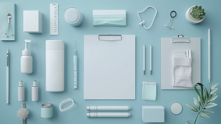 Flat lay of medical equipment on blue background with copy space for textの素材