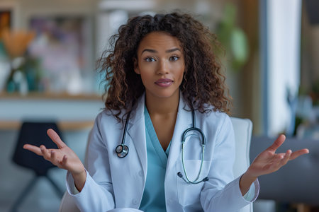 confused woman doctor with stethoscope on her neck sitting with hands outの素材