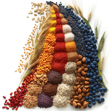 Composition with different cereals and grains on white background, top viewの素材